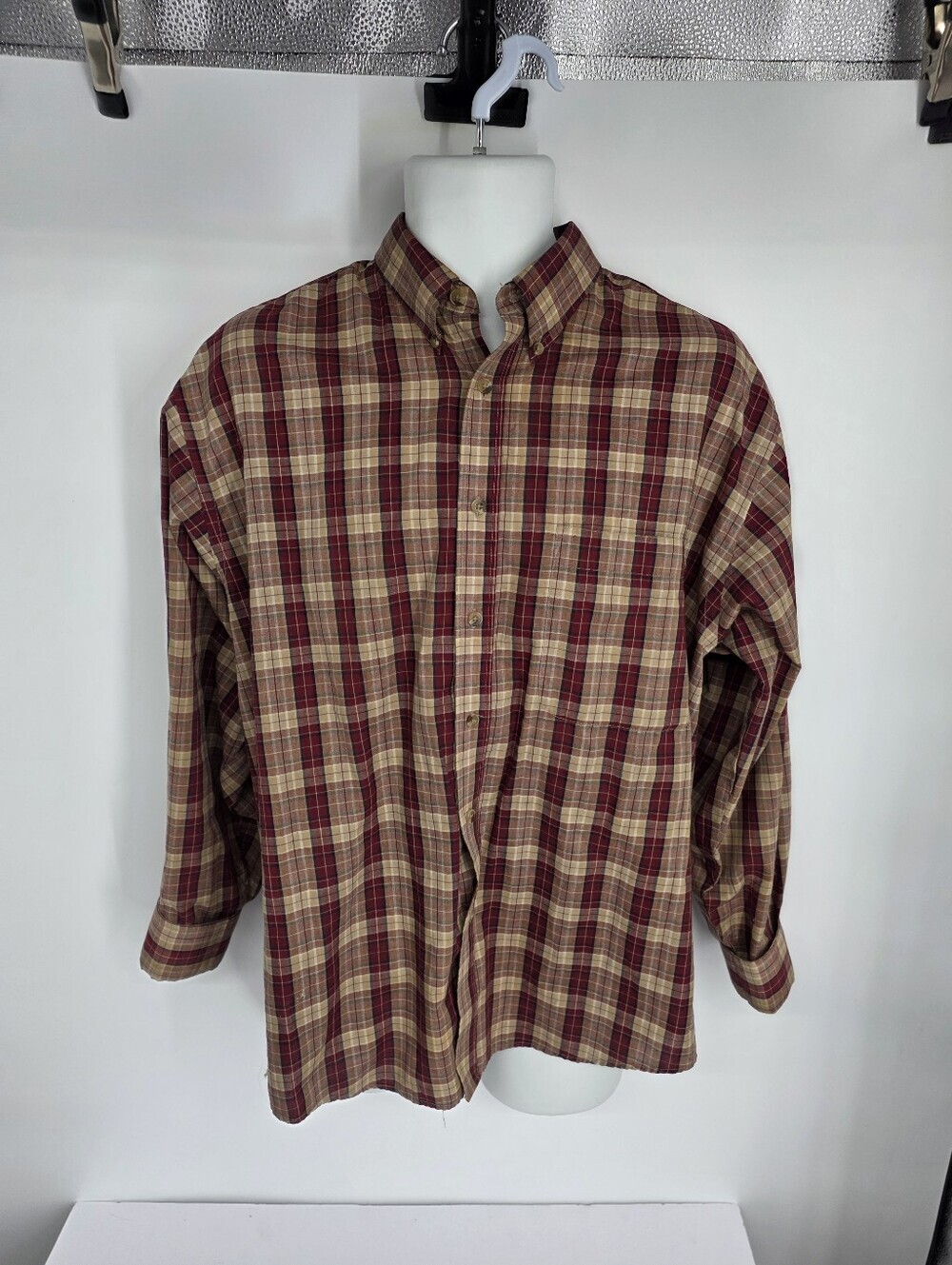 Puritan Men's Plaid Button Down Shirt Medium Burgundy Tan Earth Tones